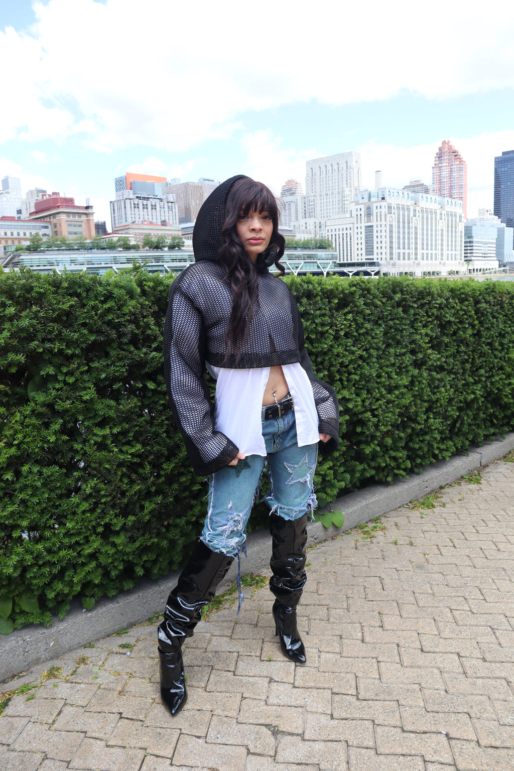 0602 charcoal cropped mesh hoodie