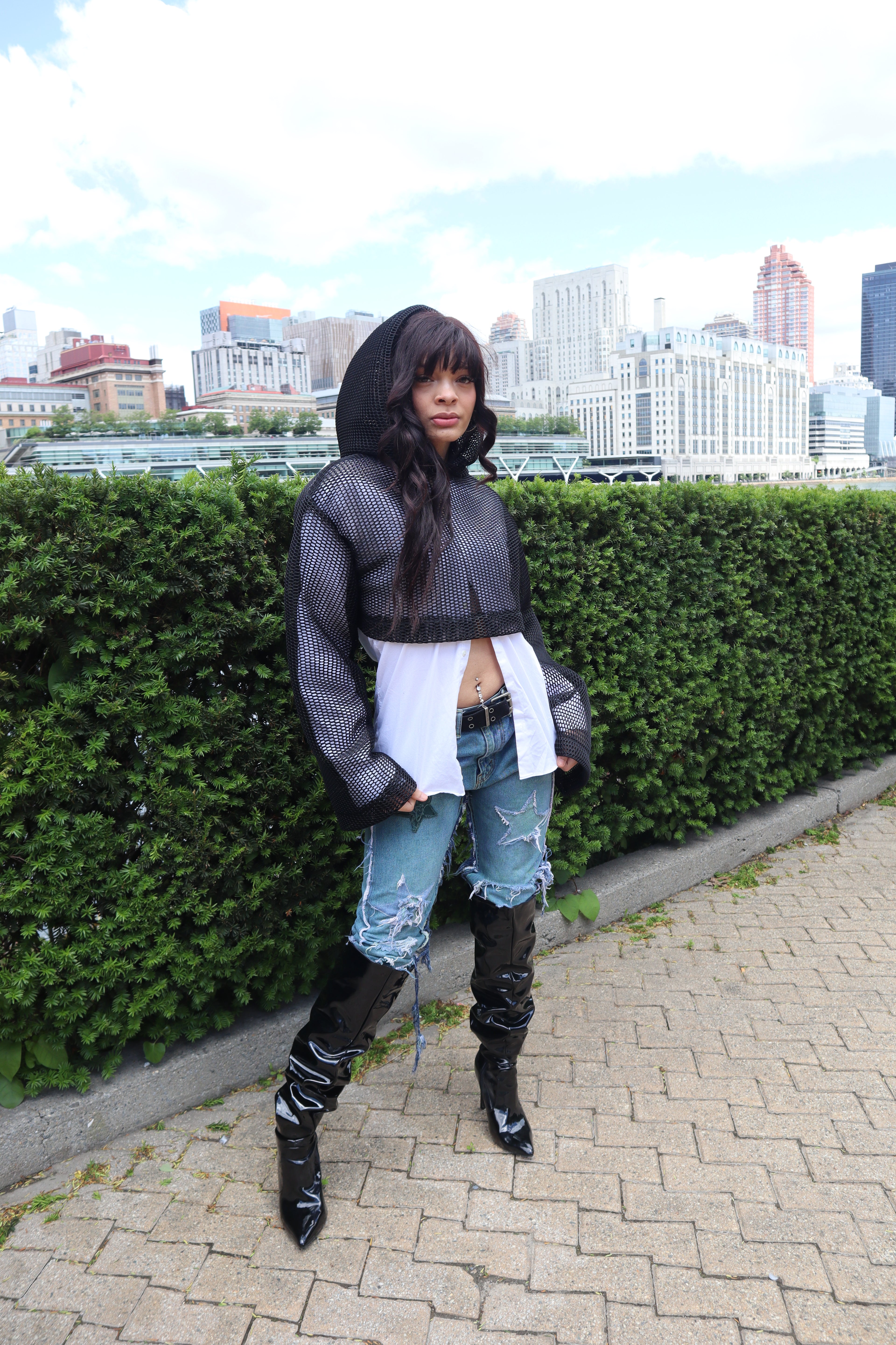 0602 charcoal cropped mesh hoodie